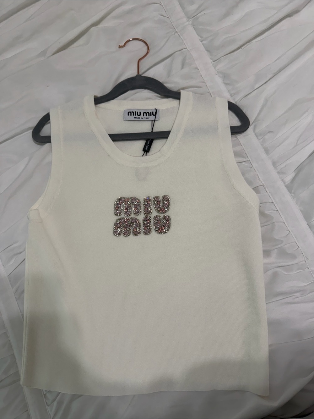 Miu Miu Cream Sleeveless Knit Top with Jeweled Logo